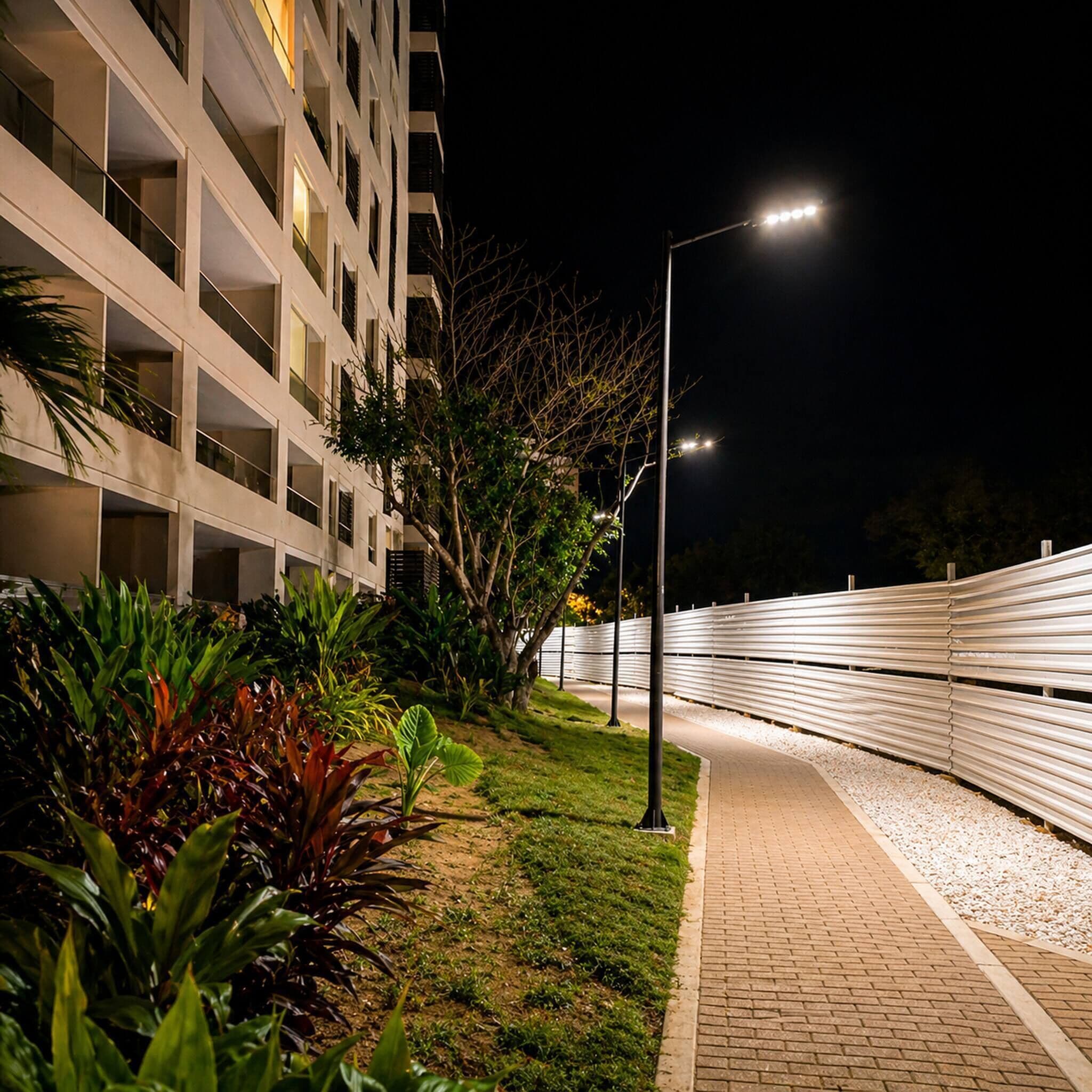 A nighttime view of a modern building with a paved walkway, surrounded by well-maintained landscaping and a metal railing.