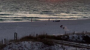 Ein Strand mit Ozean und Sonnenuntergang.
