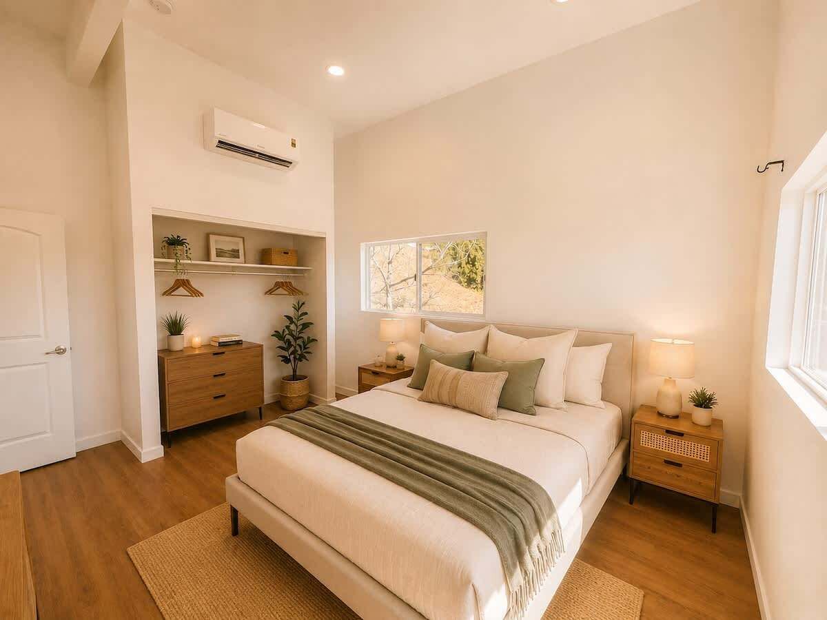 A bedroom with a bed, bedside tables, a dresser, and a window.