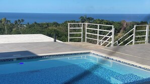 Una piscina con vista al océano y palmeras.