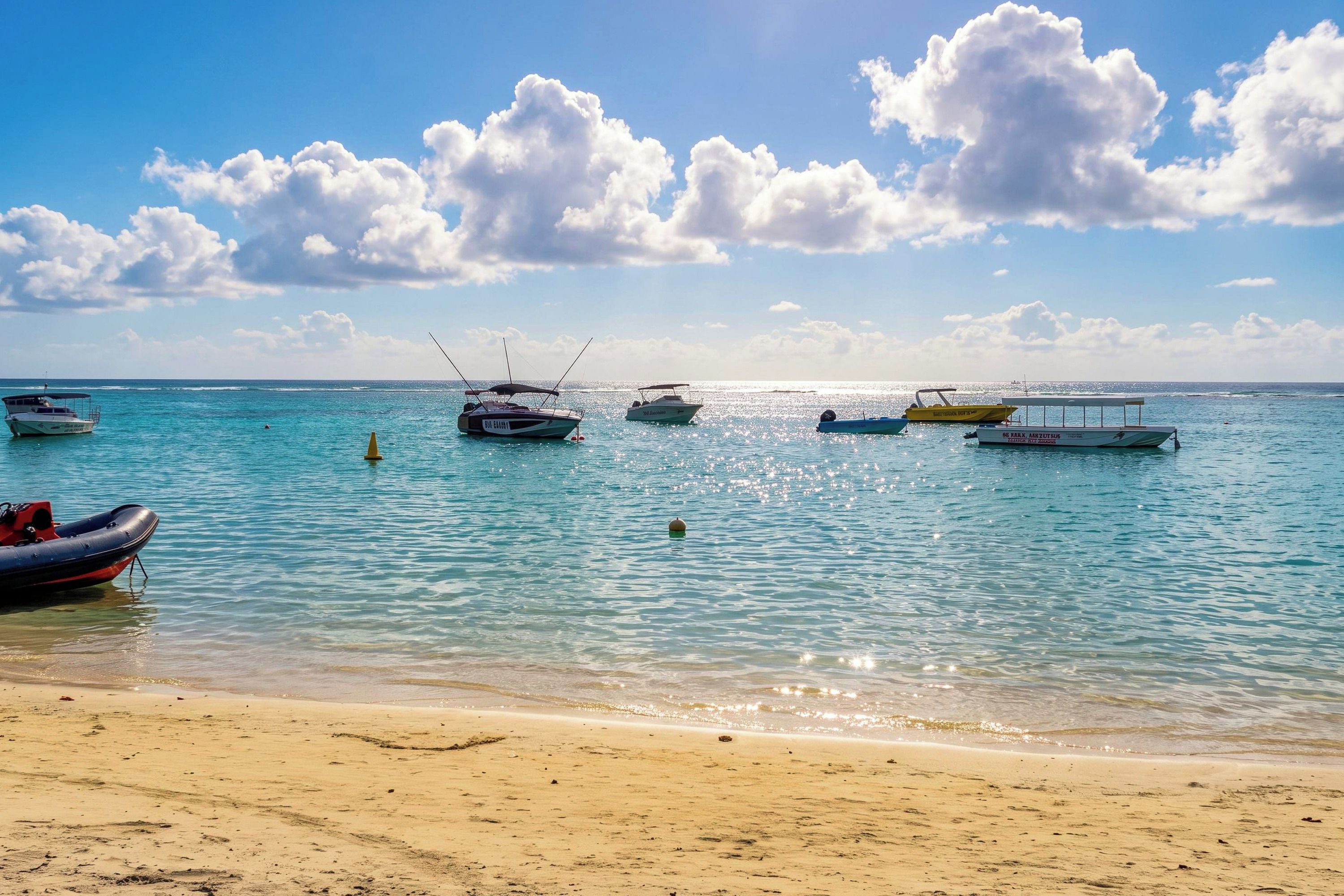 A beach with several boats anchored in calm waters, a sandy shore, and a clear sky with clouds.
