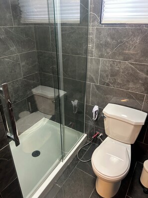 Une salle de bain avec une douche à parois de verre, des toilettes et un bidet.