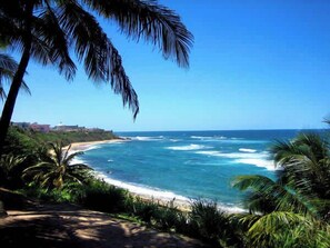 A coastal view with a beach, ocean waves, and palm trees. - 3BR Villa Bella Vida in Dorado (Dorado)