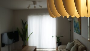 Uma sala de estar com televisão de tela plana, ventilador de teto, sofá e planta em vaso.
