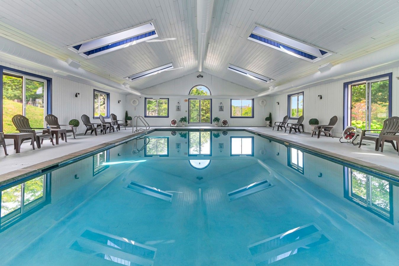 A large indoor swimming pool with a view of trees through the windows.