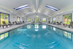 Une grande piscine intérieure avec vue sur les arbres à travers les fenêtres.