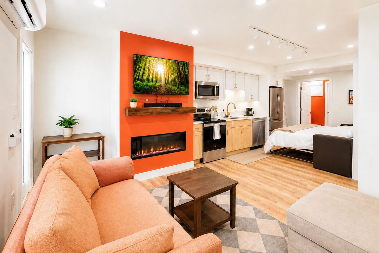 Smart-TV, Kamin, Stereoanlage