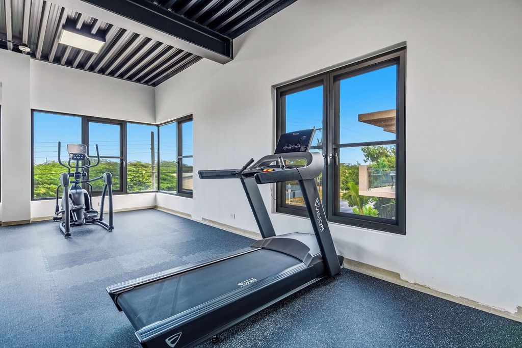 Une salle de sport équipée de tapis de course, de vélos elliptiques et de poids, dotée de grandes fenêtres et d’un design moderne au niveau du plafond.