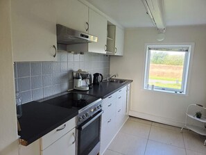 A kitchen with a black countertop, stainless steel appliances, and a window with a view of greenery. - 2 Person Holiday Home in Vra (Vra)