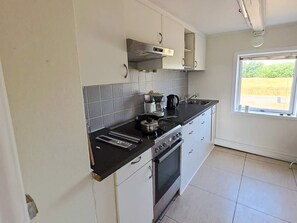 Eine Küche mit Herd, Backofen und einem Fenster mit Blick auf Grünflächen.