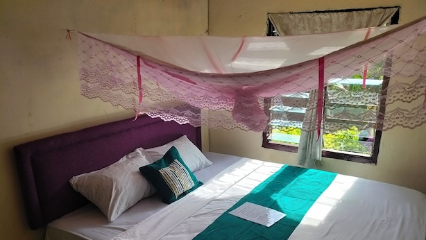 Un lit avec une tête de lit violette, une literie blanche, une couvre-lit verte et blanche, et un baldaquin en dentelle rose.