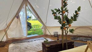 A tent with a view of a green field, a small table with a plant, and a sleeping area with a yellow blanket. - Countryside Avon Escape for Two (Pewsey)