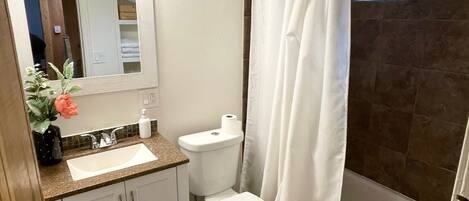 A bathroom with a white toilet, a sink, a mirror, and a shower area.