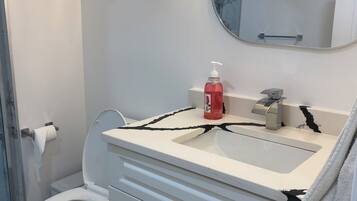 Shower, hair dryer, towels, soap