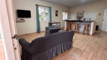 A living room with a sofa, a television, and a kitchen area with a bar.