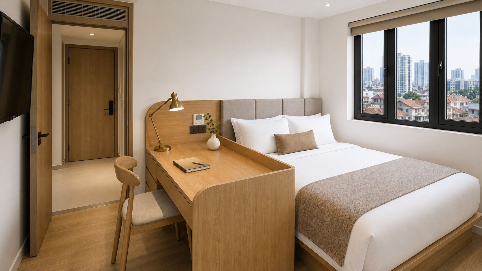 Een hotelkamer met een bed, een bureau, een stoel, een lamp en een raam met uitzicht op de stad.