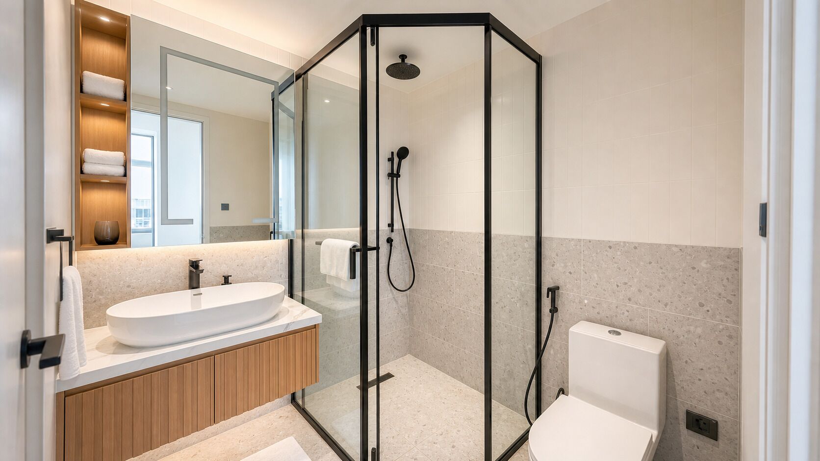 A modern bathroom with a glass-enclosed shower, a white sink, and a toilet.