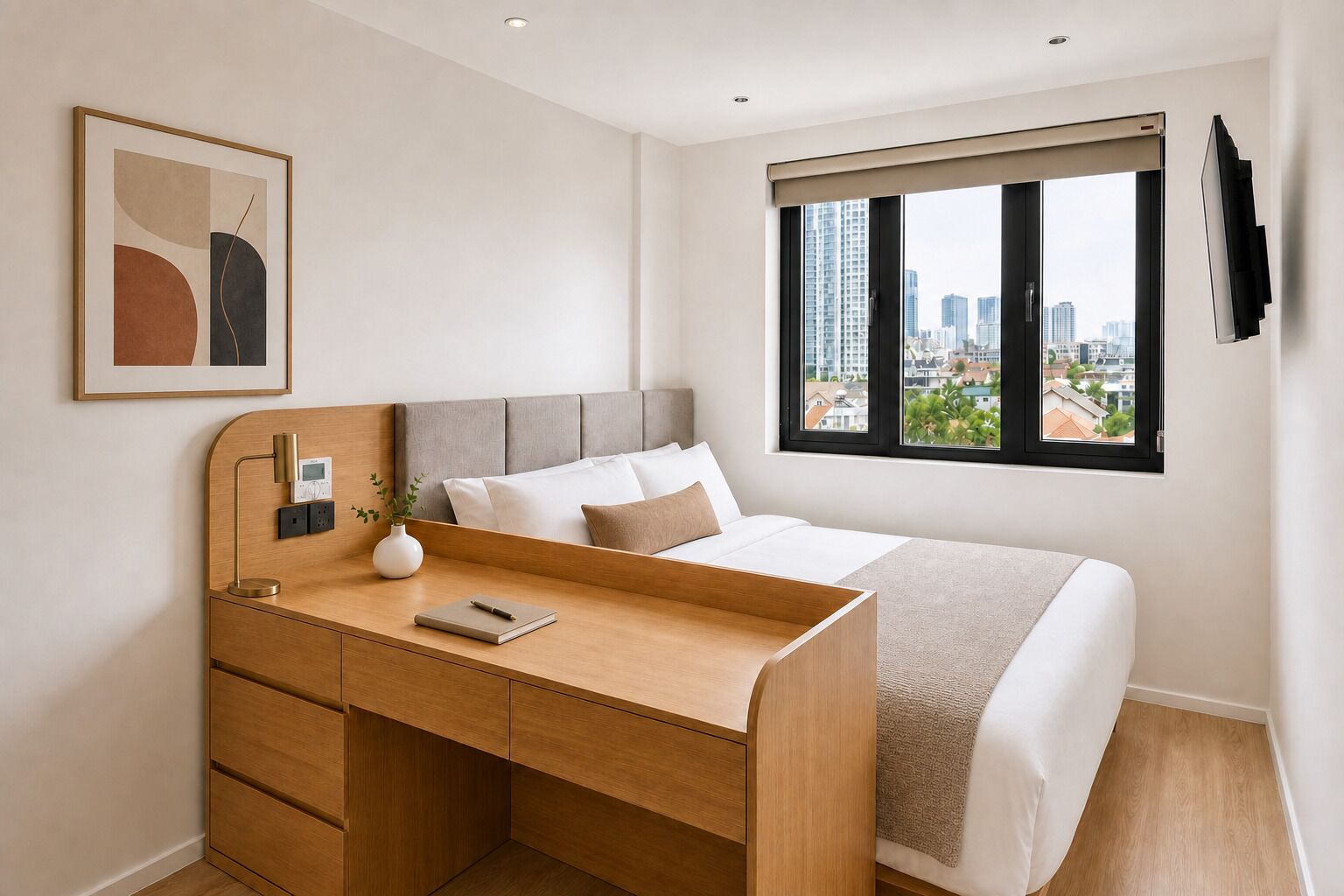 Ett modernt hotellrum med en säng, ett skrivbord, en stol, ett fönster med utsikt över staden och en tavla på väggen.