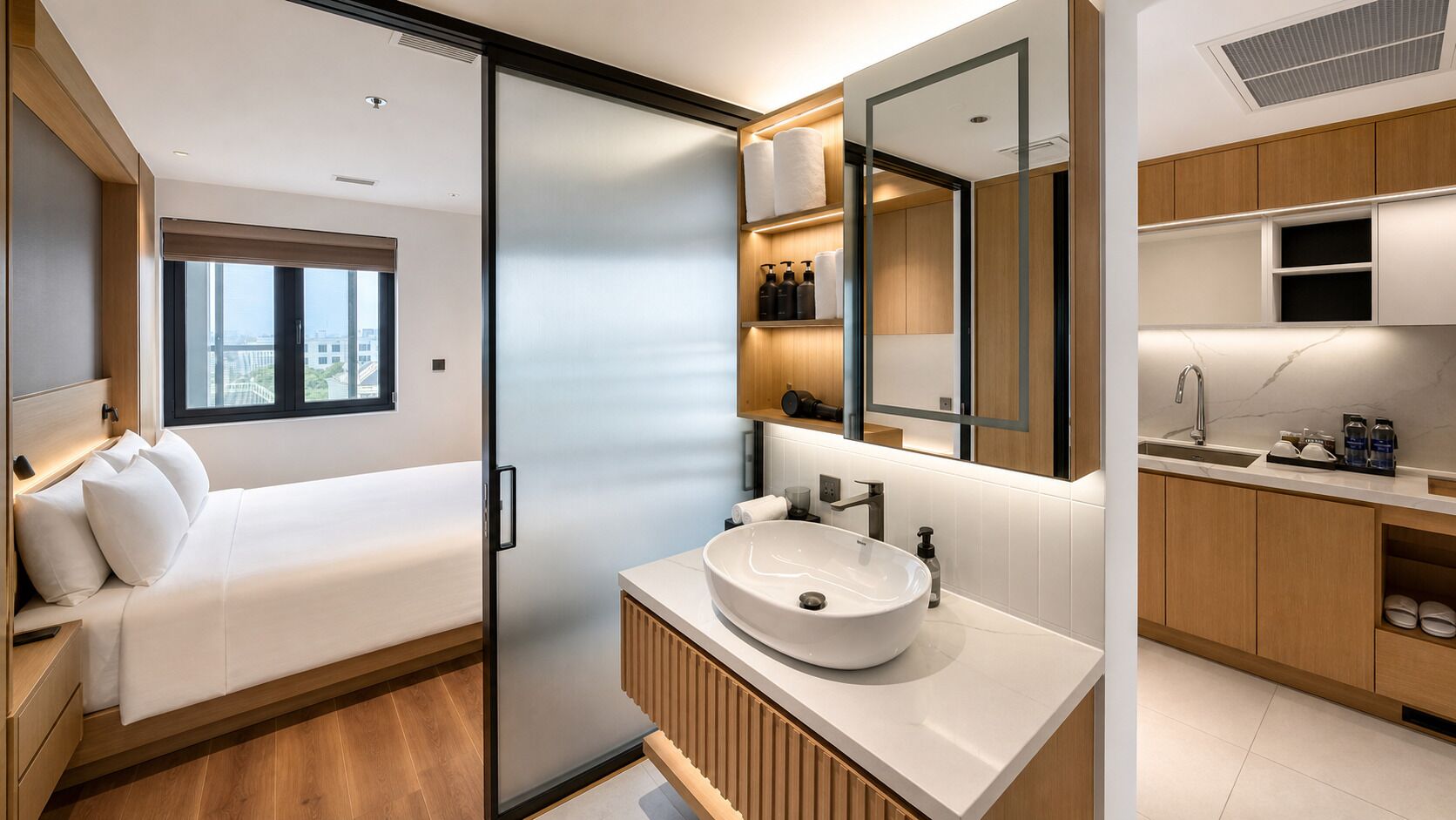 Un dormitorio moderno con cama, un baño con lavamanos y vistas a la ciudad a través de una ventana.