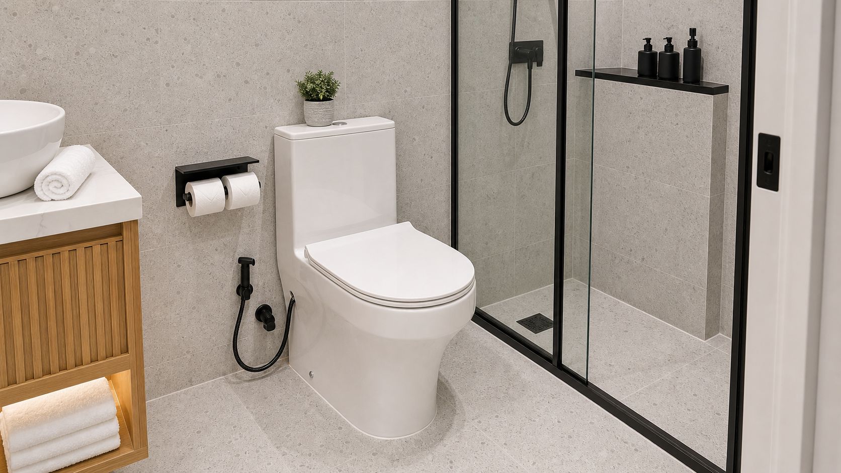 Un bany modern amb vàter, plat de dutxa, paraigua de tovalloles i una petita planta en test.