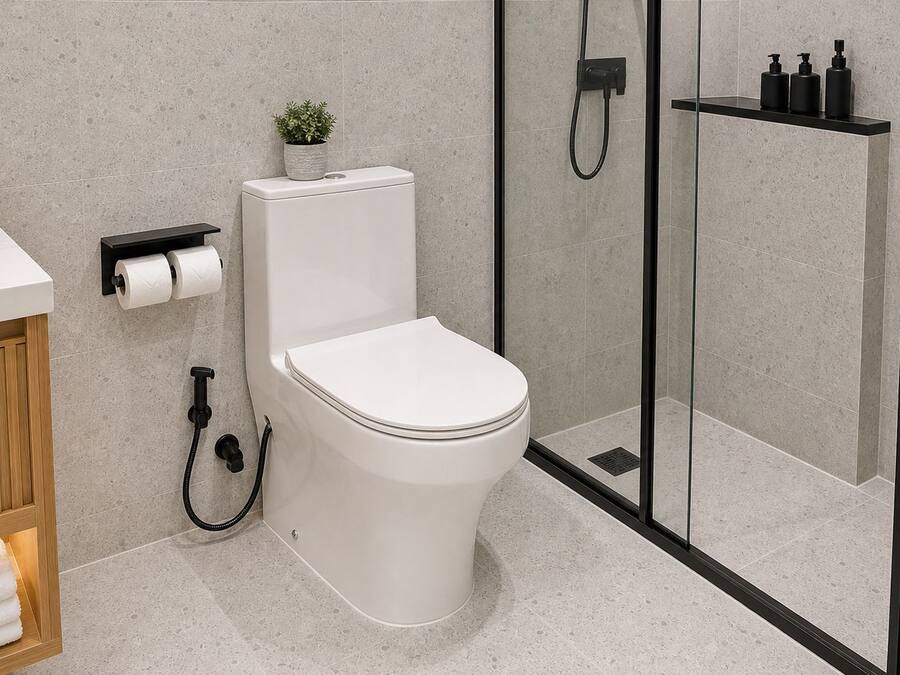 Un baño moderno con inodoro, cabina de ducha, toallero y una pequeña planta en maceta.