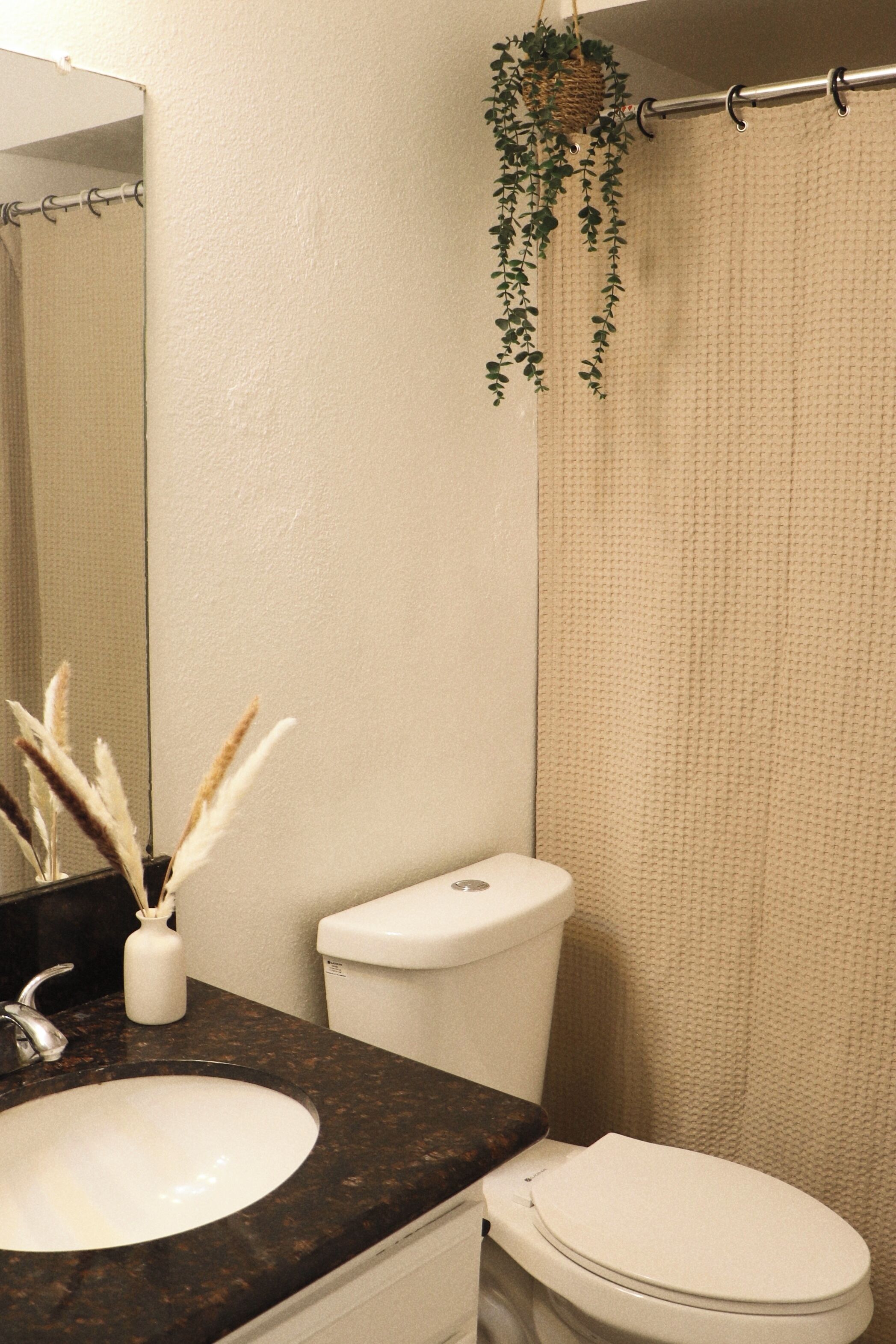 A bathroom with a white toilet, a sink, and a mirror.