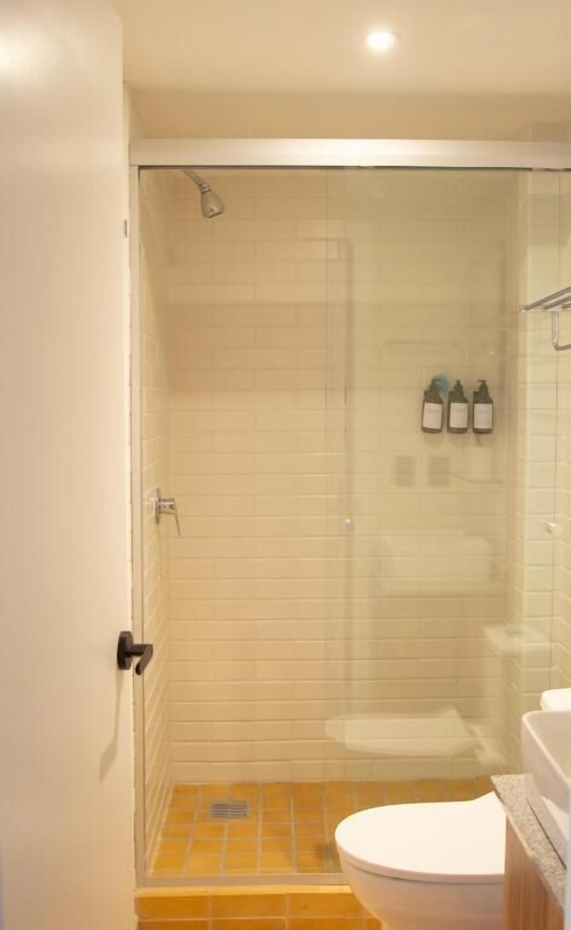 A shower with a glass door, a toilet, and a sink with toiletries.
