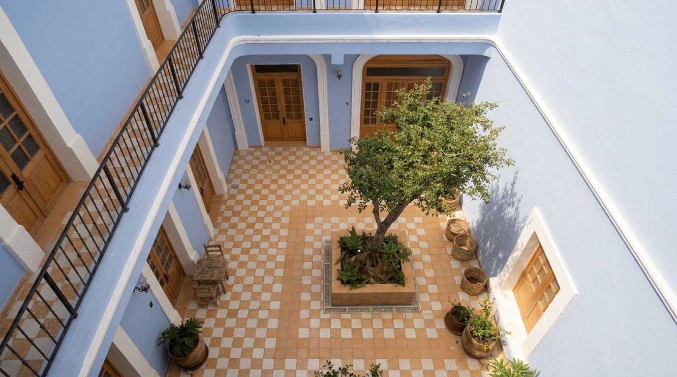 Un patio con piso a cuadros, un árbol central y plantas en macetas.