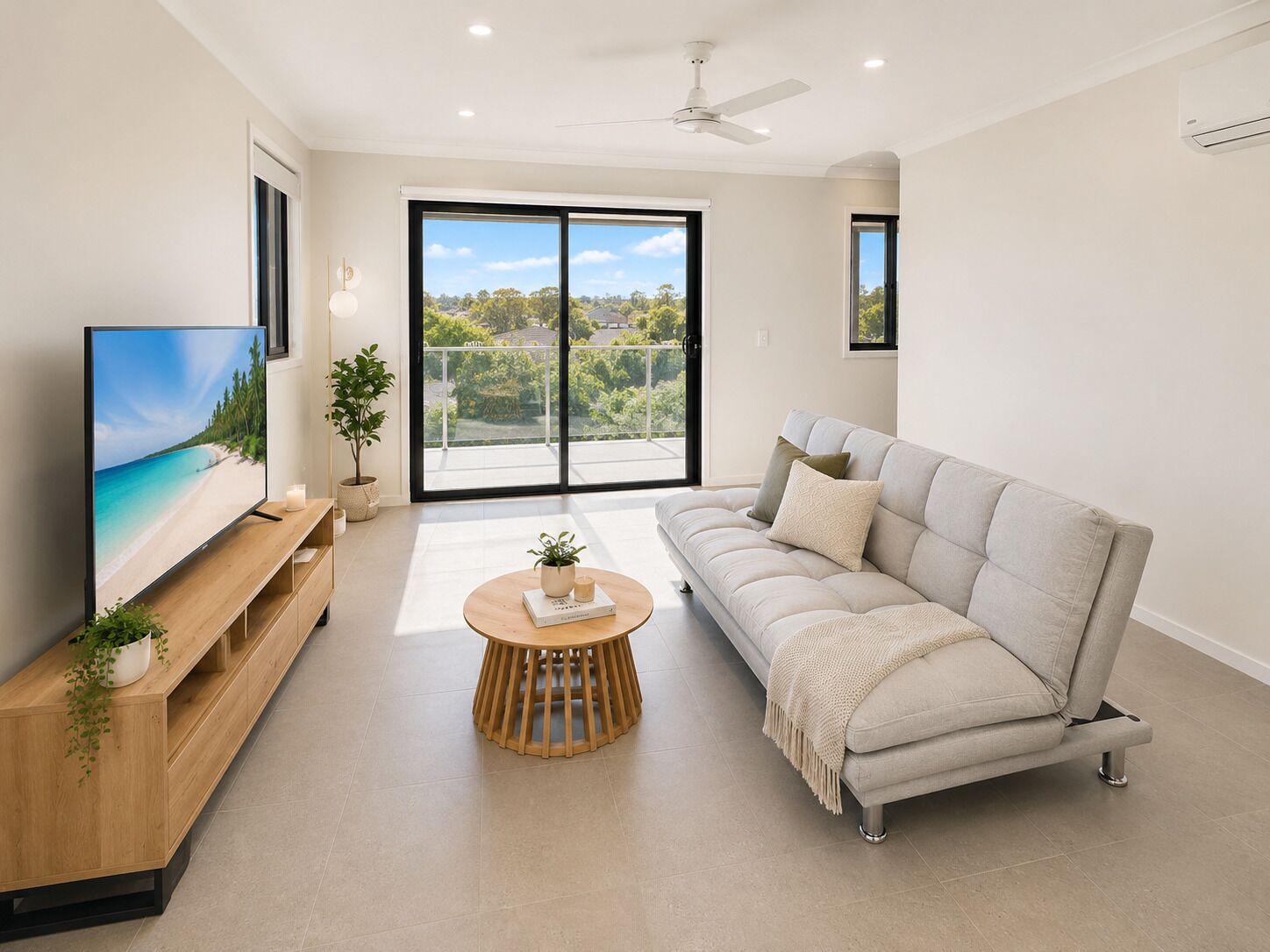 A modern living room with a flat-screen TV, a sofa, a coffee table, and a balcony with a view.