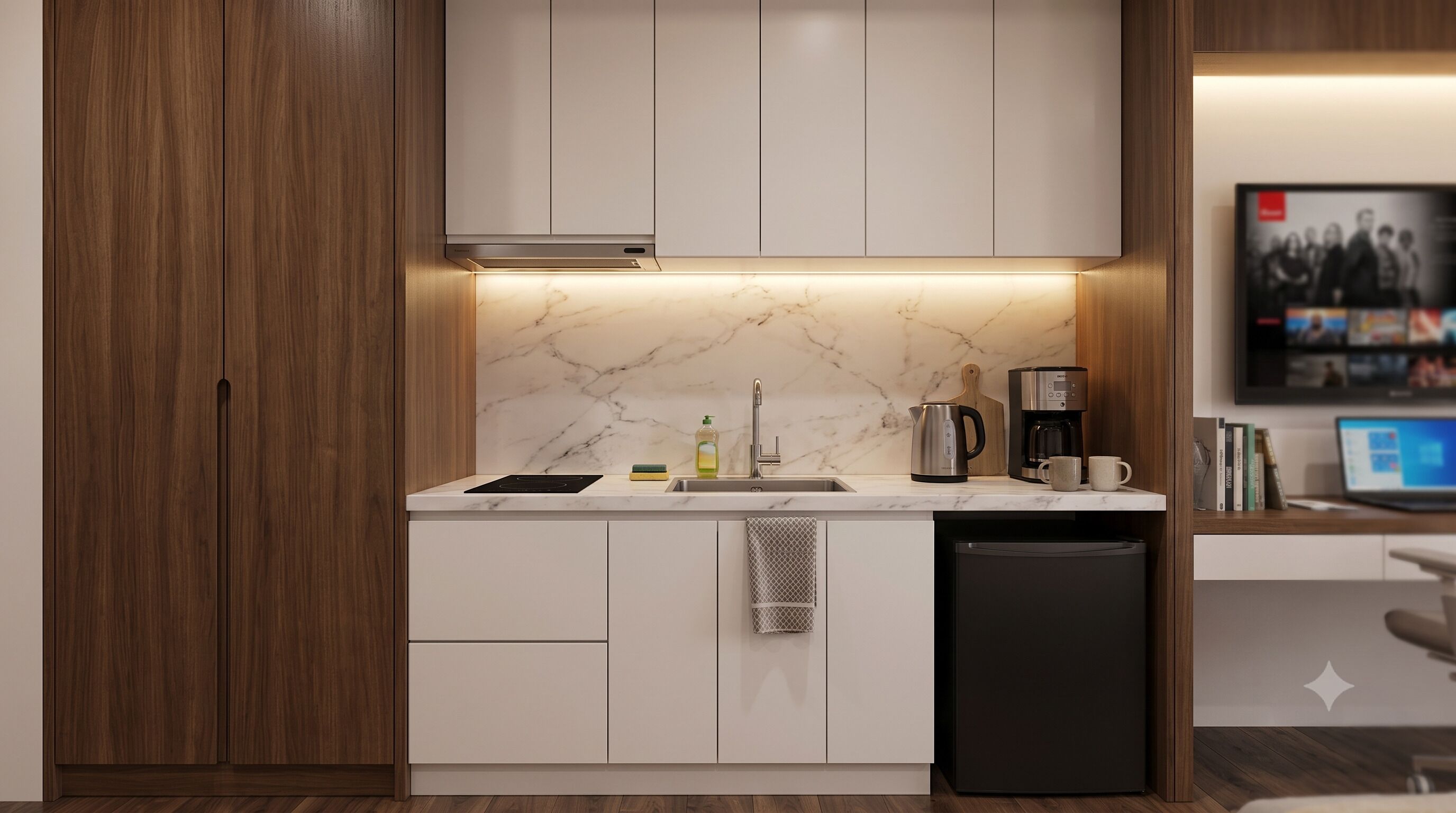 Mini-fridge, microwave, oven