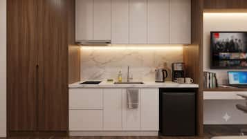 Mini-fridge, microwave, oven
