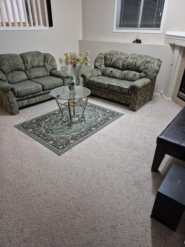 A living room with two camouflaged sofas, a glass coffee table, and a patterned rug.