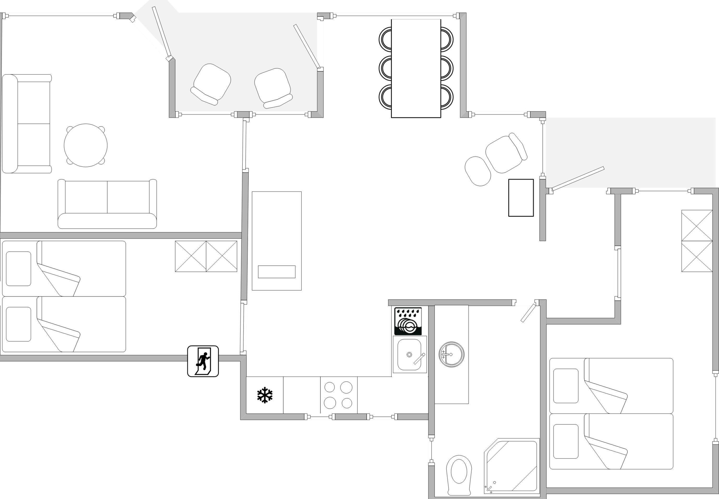 Een plattegrond met een keuken, een eethoek, twee slaapkamers en een badkamer.