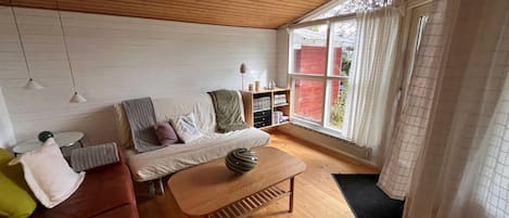 Una sala de estar acogedora con techo de madera, un sofá, una mesita de centro y una estantería.