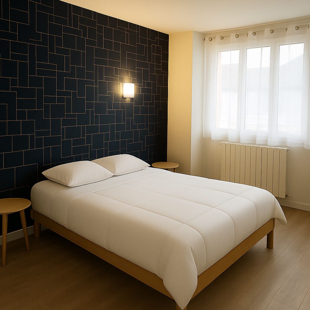 Ein Schlafzimmer mit einem Bett, einem Nachttisch, einer Wandleuchte und einem Fenster mit Vorhängen.