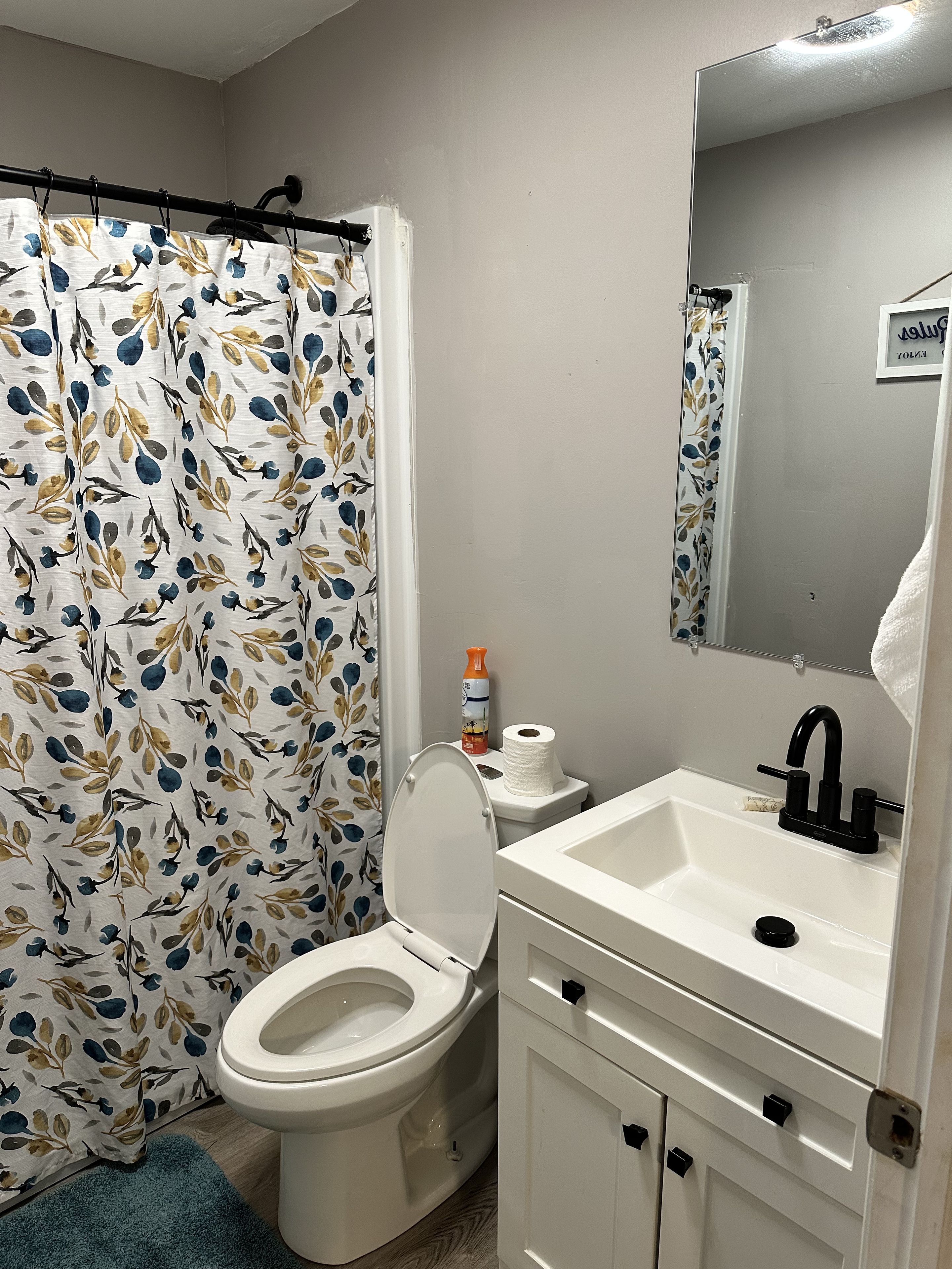 A bathroom with a toilet, sink, mirror, and shower curtain.