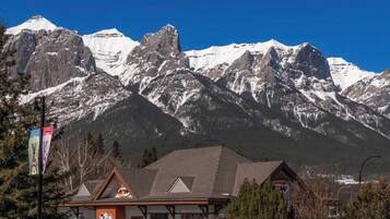 A mountain range with snow-capped peaks, a building with a sloped roof, and a clear blue sky.