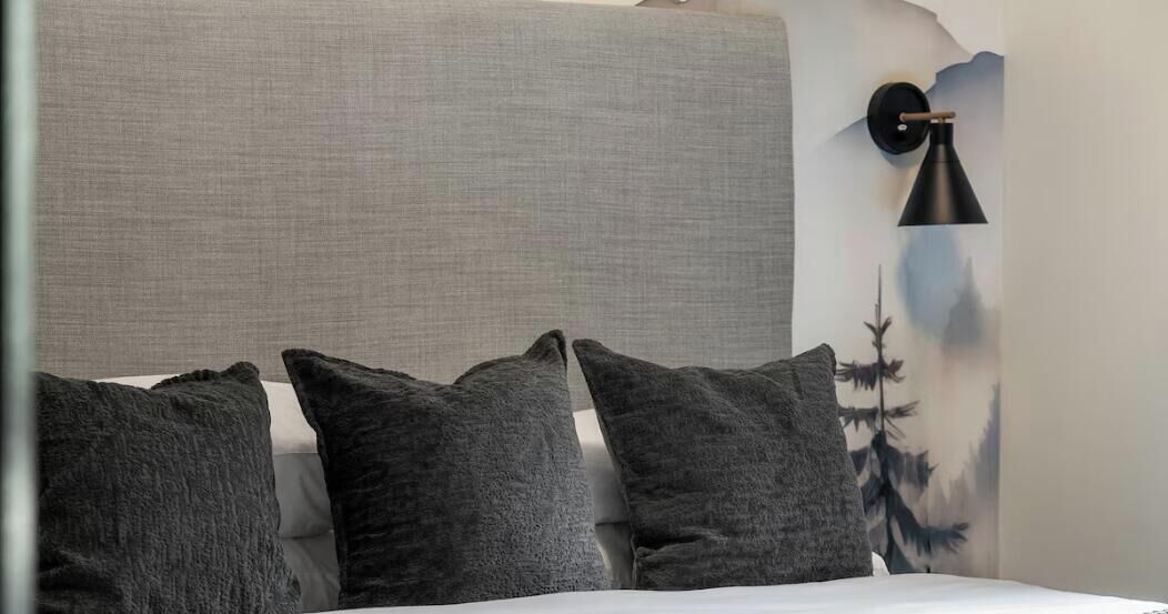 A bed with grey bedding and pillows, a headboard, and a wall-mounted lamp.