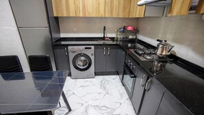 Une cuisine de taille réduite équipée d’un lave-linge, d’une cuisinière et d’un évier.