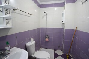 Een badkamer met toilet, wastafel en douche.
