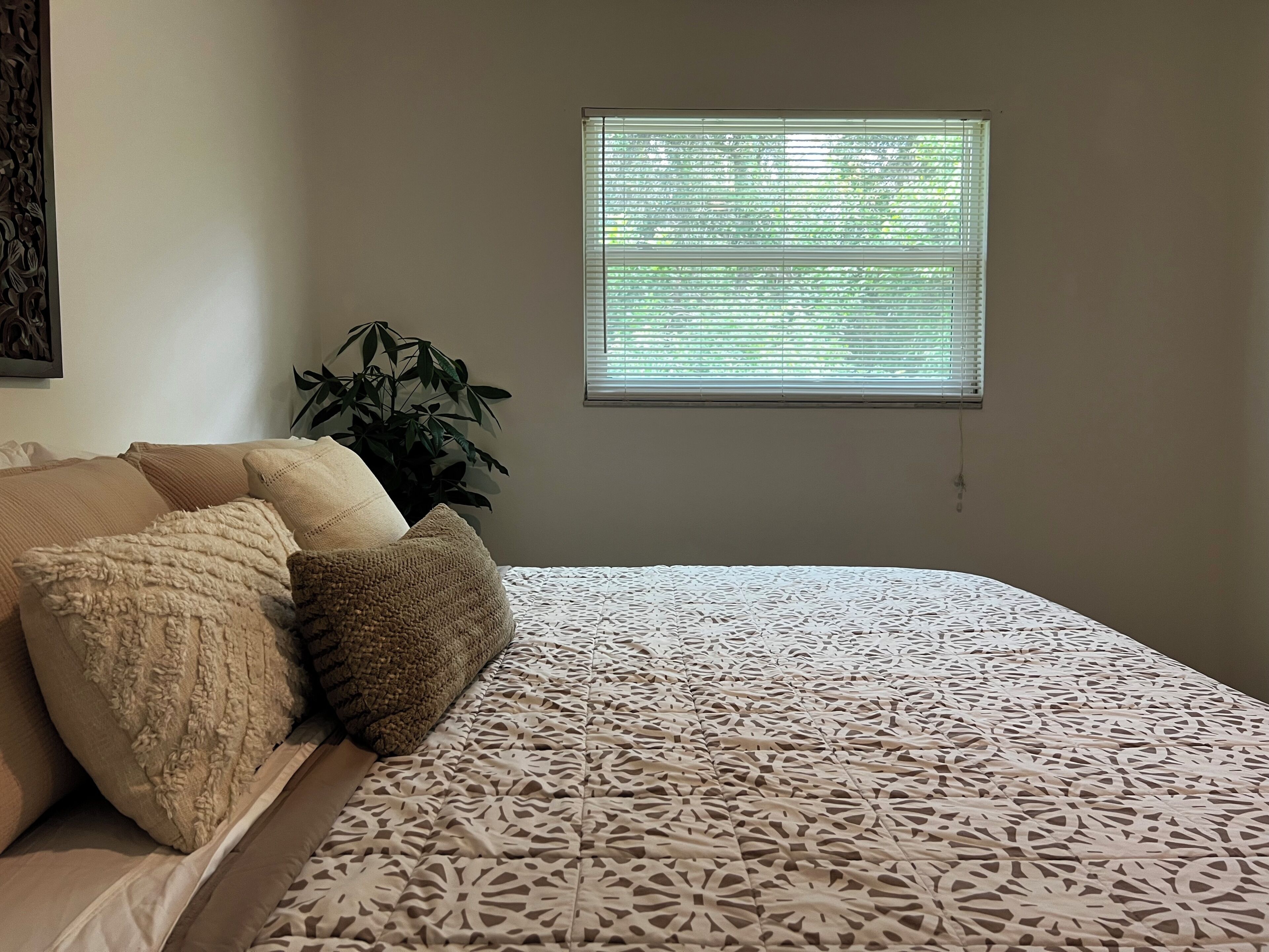Un dormitorio con cama, almohadas, una ventana y una planta.