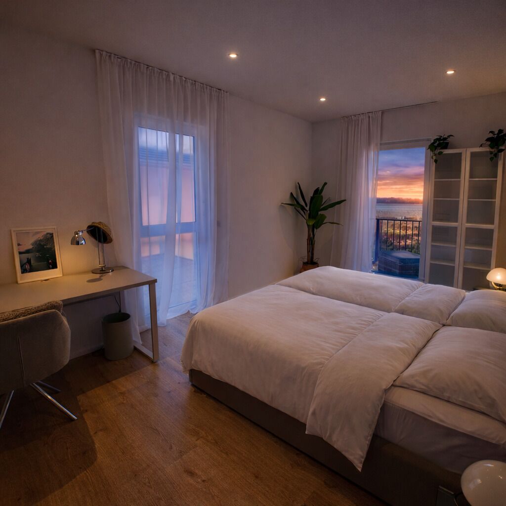 Ein Schlafzimmer mit einem großen Bett, einem Schreibtisch, einem Stuhl und Blick auf den Sonnenuntergang durch eine Balkontür.