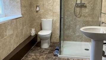 Un baño con ducha de mampara de vidrio, un lavamanos blanco y un inodoro.