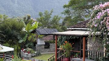 Un jardín con una estructura de piedra, plantas en macetas y un sendero.