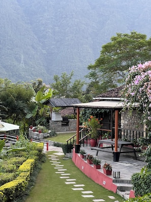 Un jardín con una estructura de piedra, plantas en macetas y un sendero.