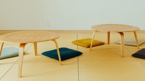A room with two round tables and four cushions.