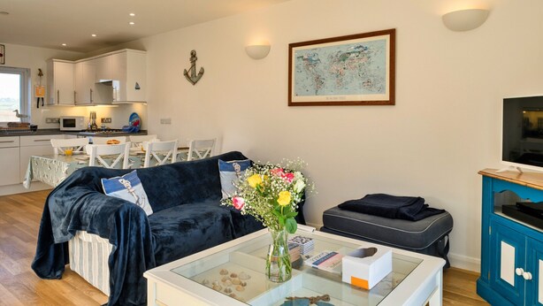 Ein Wohnzimmer mit einer Couch, einem Couchtisch mit Büchern und einer Blumenvase, einem Fernseher auf einem Schrank und einer Küche im Hintergrund.