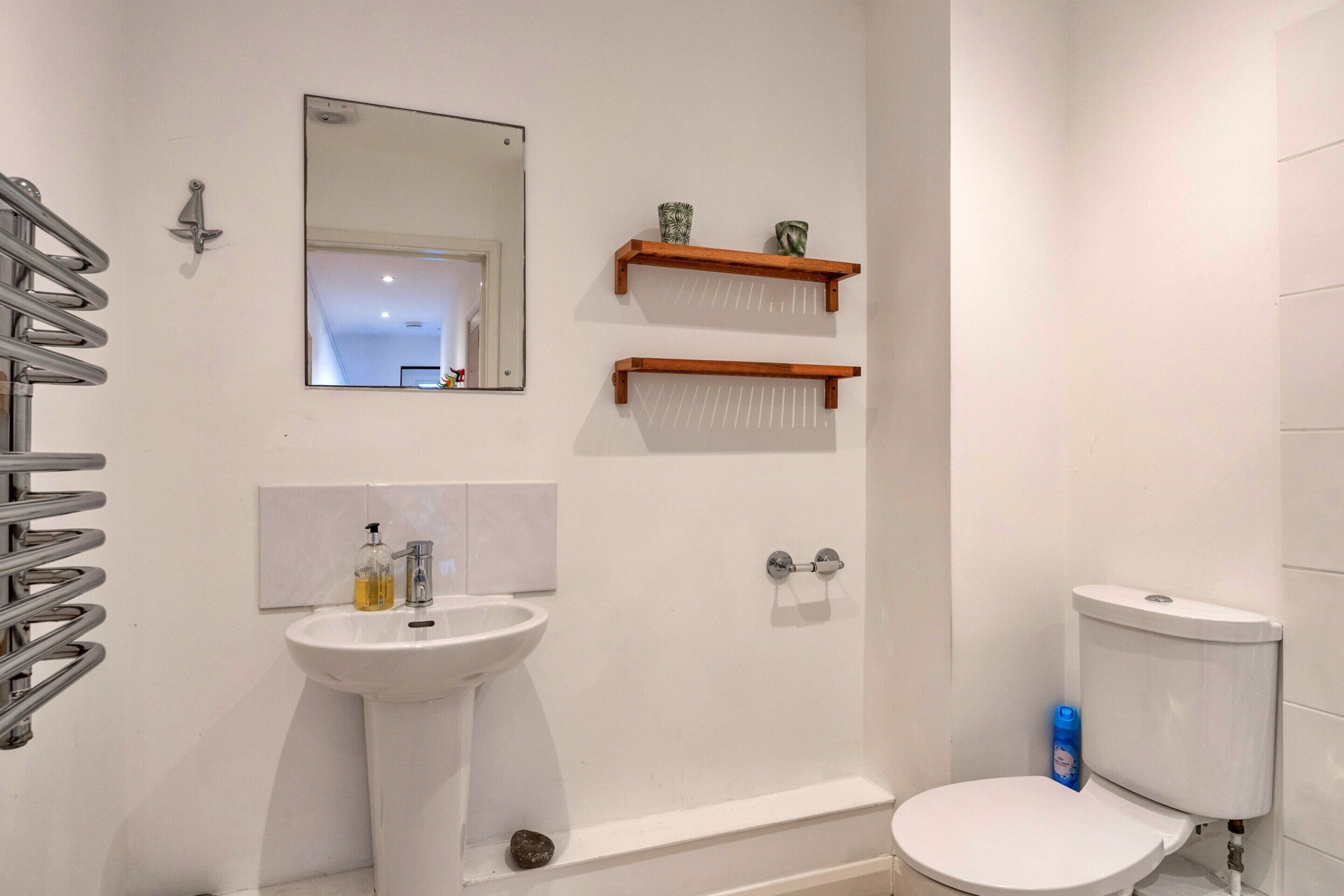 A bathroom with a white sink, a mirror, a toilet, and two wooden shelves.