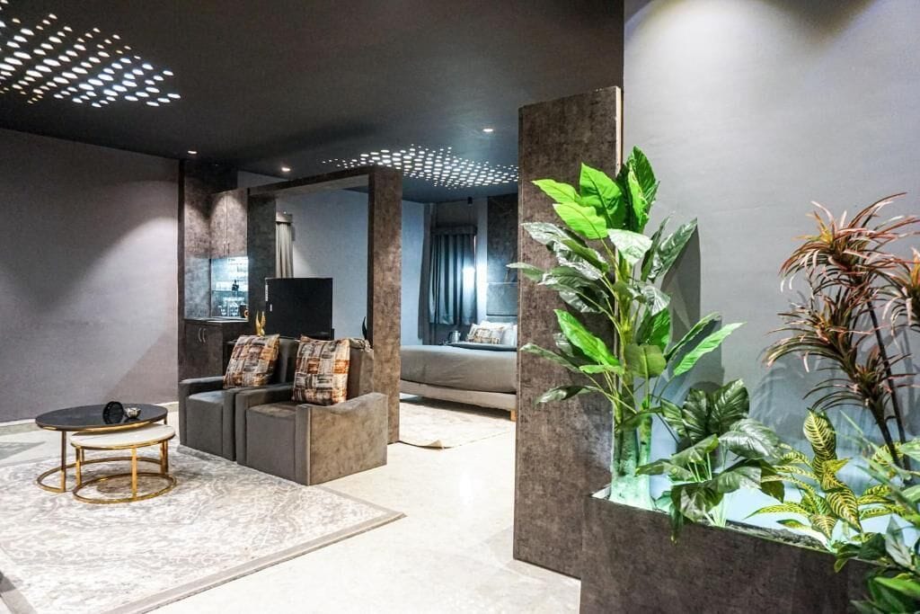 A modern living room with a sofa, a coffee table, and a large potted plant.