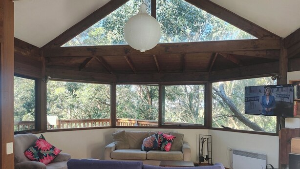 A room with a wooden ceiling, a sofa, a television, and a view of trees through large windows.